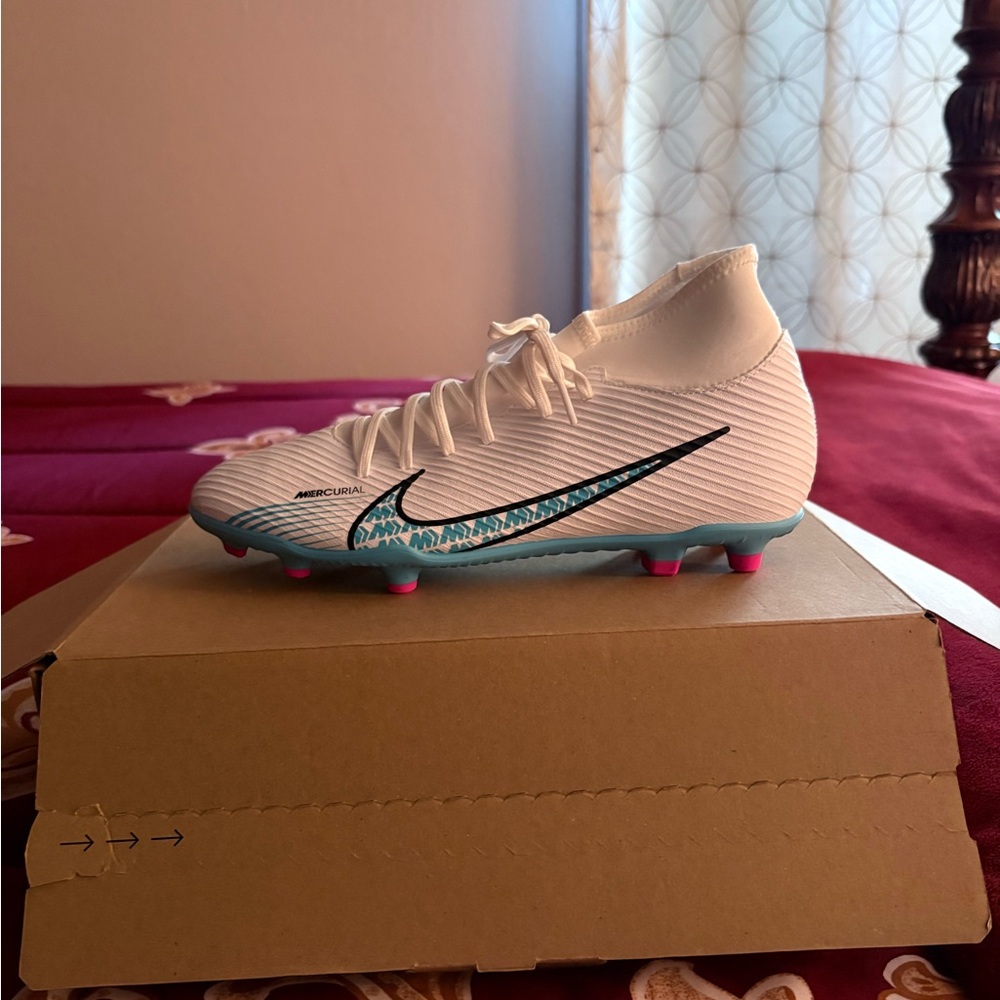 Nike White and Blue Superfly 9 Club Cleats
